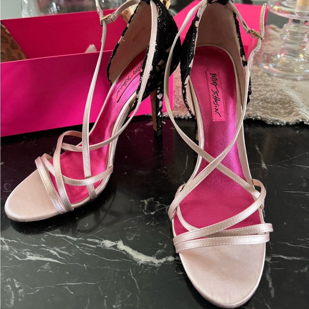 Betsey Johnson Pink Satin Black Lace Leather Sole Heeled Sandals